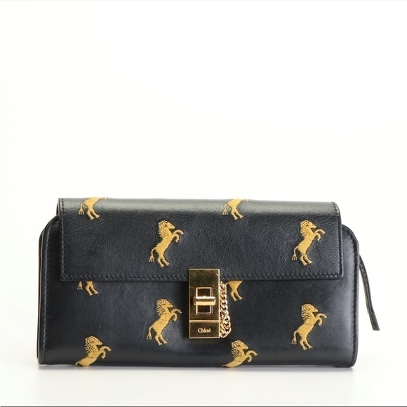 RARE CHLOÉ Drew Horse-Embroidered Leather Continental Wallet Navy Multi Luxury - Picture 1 of 7